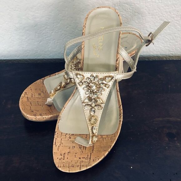 Madeline Stuart Gold Jeweled Wedge Sandals 7.5 - Picture 1 of 8